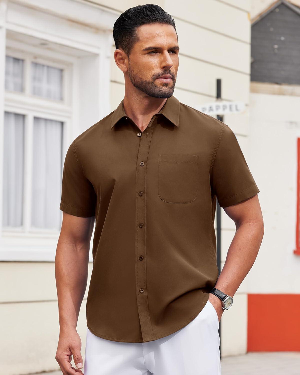 imageAlimens amp Gentle Mens Short Sleeve Dress Shirts Wrinkle Free Untucked Casual Button Down ShirtBrown