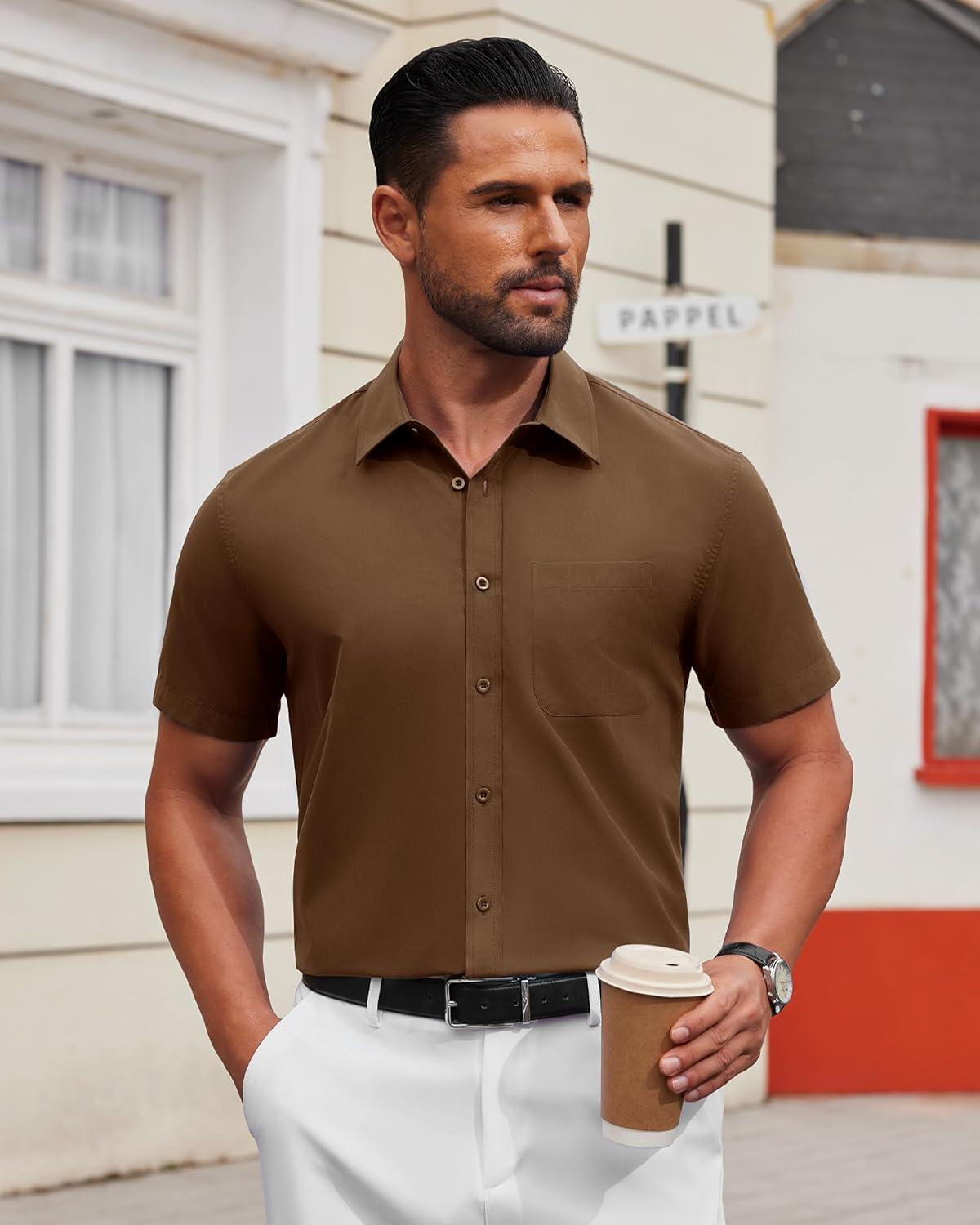 imageAlimens amp Gentle Mens Short Sleeve Dress Shirts Wrinkle Free Untucked Casual Button Down ShirtBrown