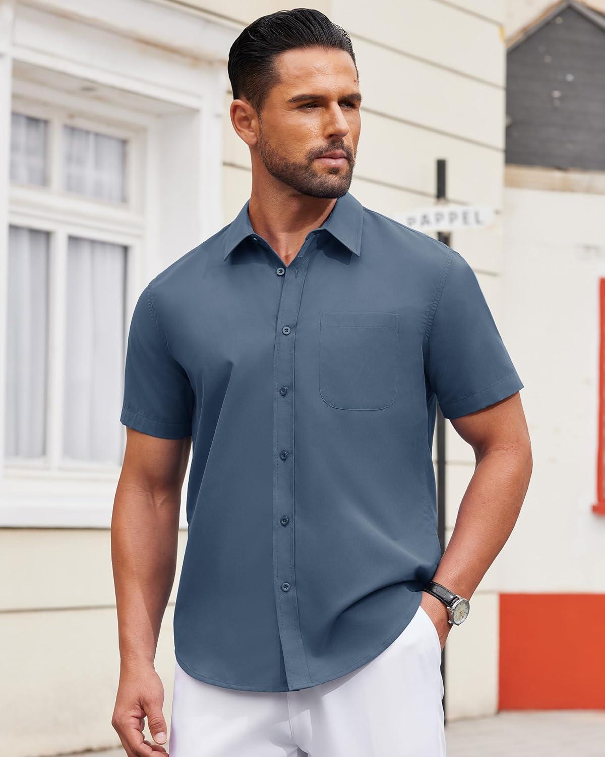 imageAlimens amp Gentle Mens Short Sleeve Dress Shirts Wrinkle Free Untucked Casual Button Down ShirtCaptain Blue