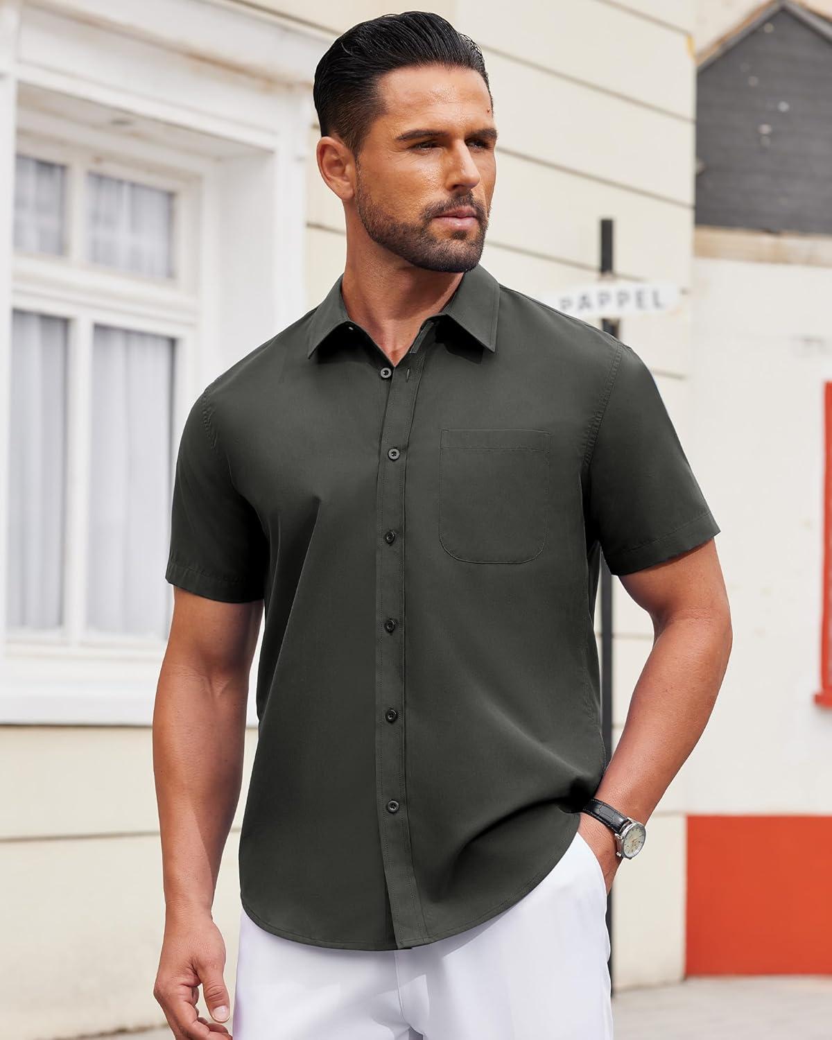 imageAlimens amp Gentle Mens Short Sleeve Dress Shirts Wrinkle Free Untucked Casual Button Down ShirtDark Grey