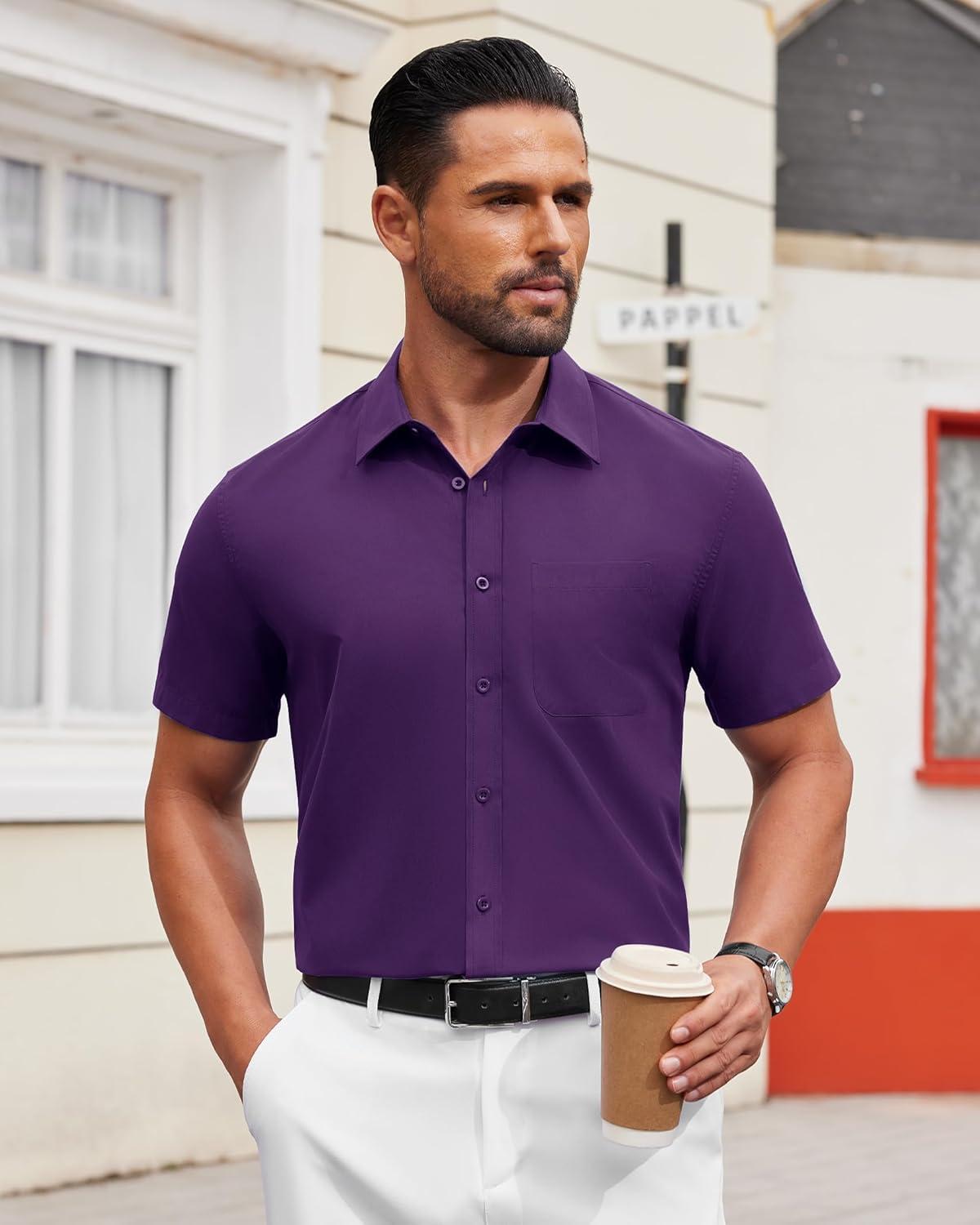 imageAlimens amp Gentle Mens Short Sleeve Dress Shirts Wrinkle Free Untucked Casual Button Down ShirtDark Purple