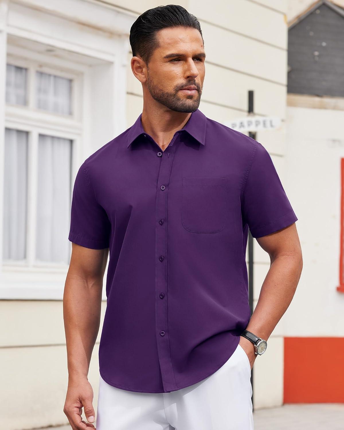 imageAlimens amp Gentle Mens Short Sleeve Dress Shirts Wrinkle Free Untucked Casual Button Down ShirtDark Purple