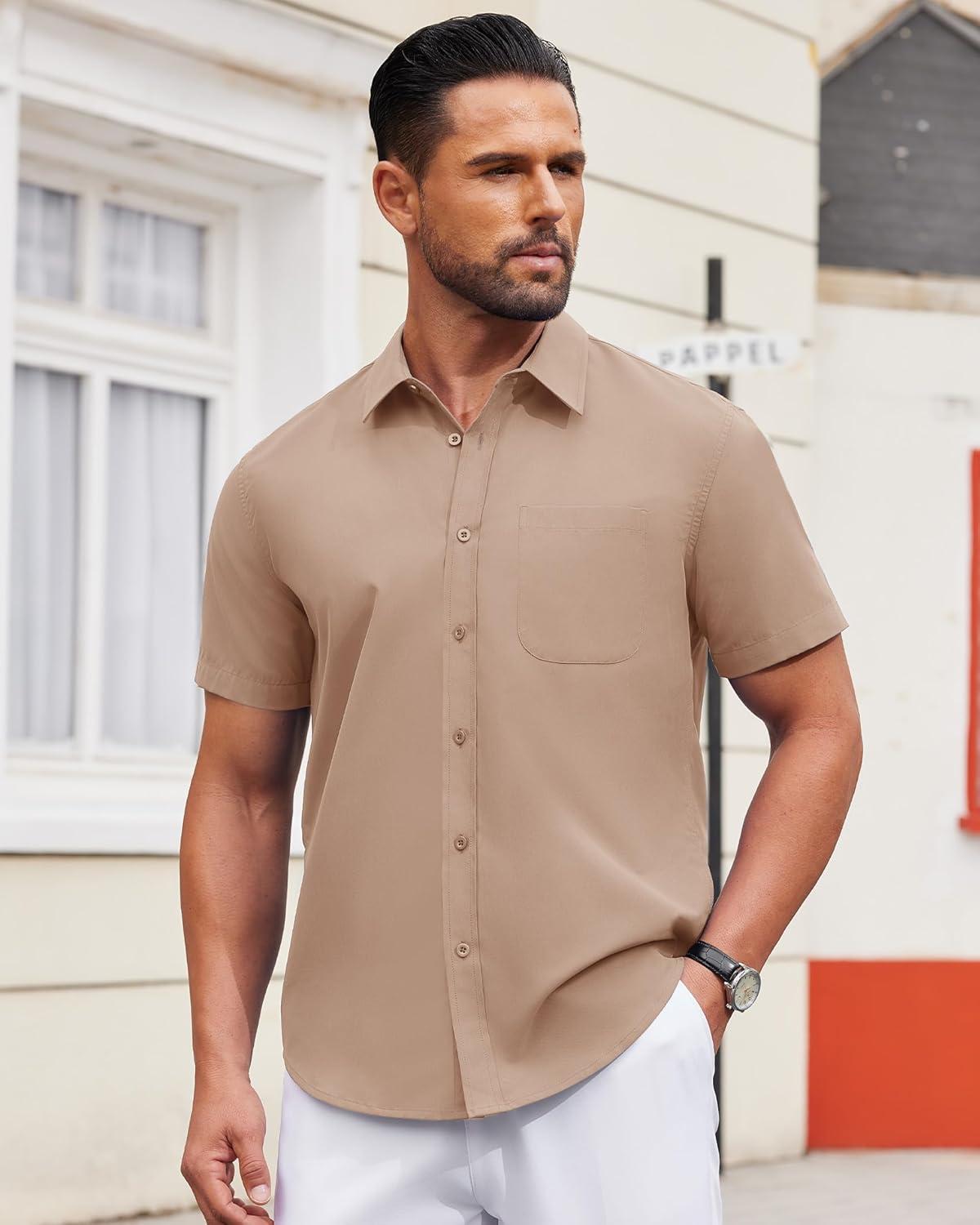 imageAlimens amp Gentle Mens Short Sleeve Dress Shirts Wrinkle Free Untucked Casual Button Down ShirtKhaki