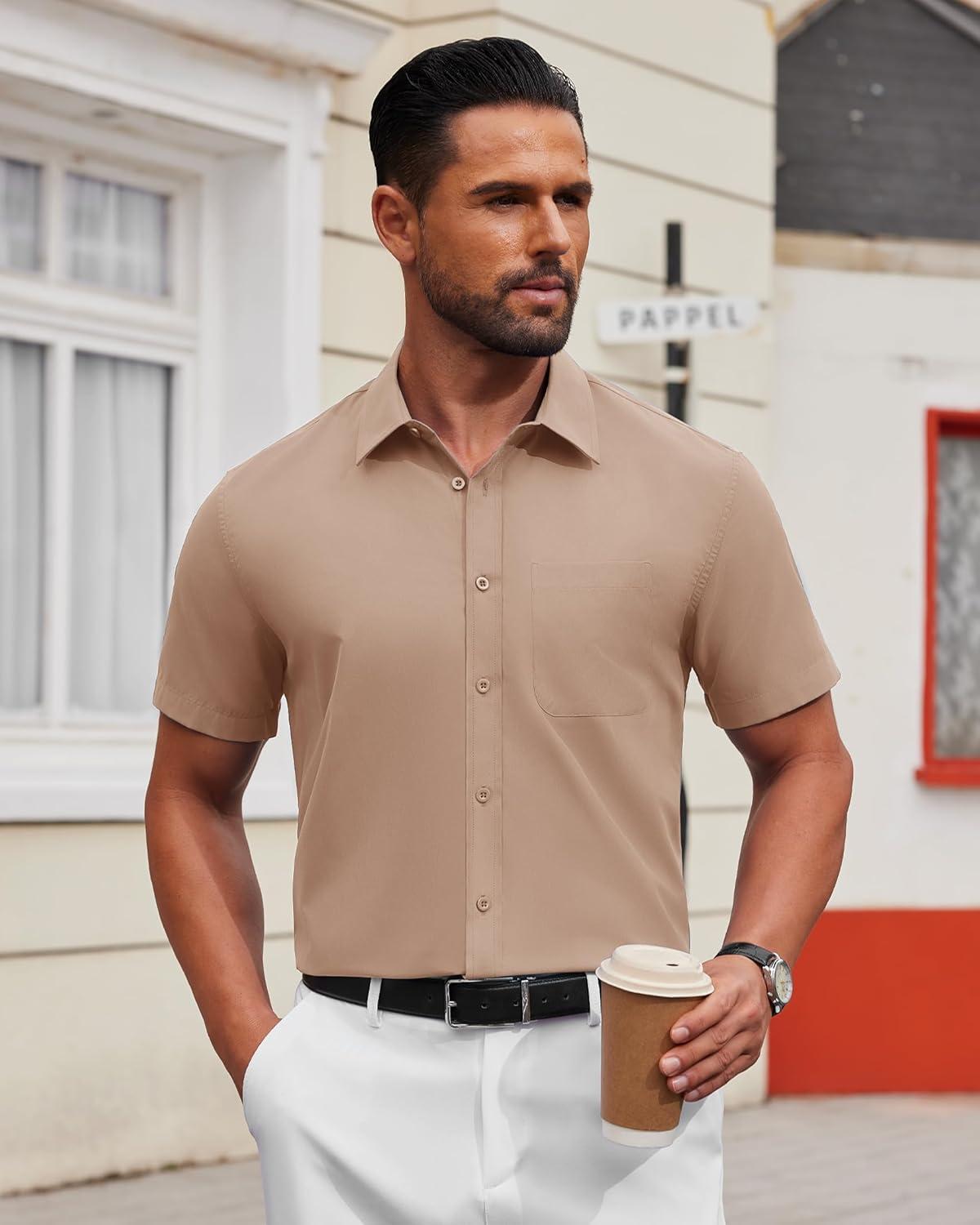 imageAlimens amp Gentle Mens Short Sleeve Dress Shirts Wrinkle Free Untucked Casual Button Down ShirtKhaki