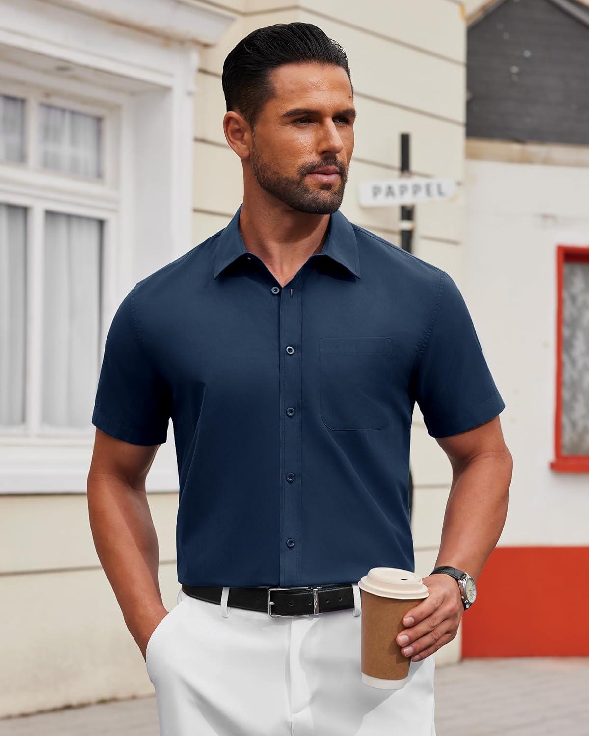 imageAlimens amp Gentle Mens Short Sleeve Dress Shirts Wrinkle Free Untucked Casual Button Down ShirtNavy Blue