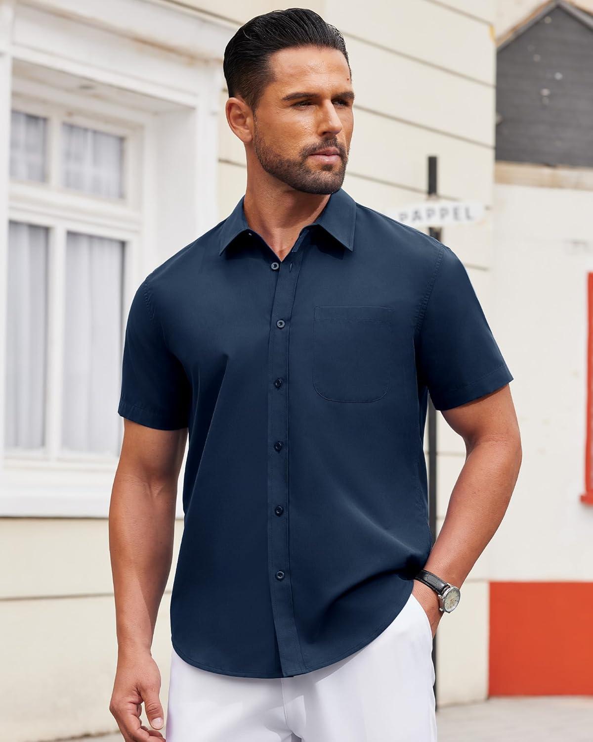 imageAlimens amp Gentle Mens Short Sleeve Dress Shirts Wrinkle Free Untucked Casual Button Down ShirtNavy Blue