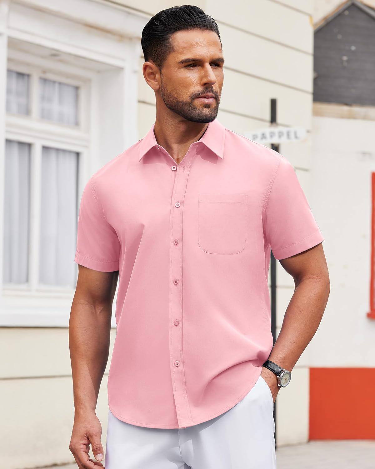 imageAlimens amp Gentle Mens Short Sleeve Dress Shirts Wrinkle Free Untucked Casual Button Down ShirtPink