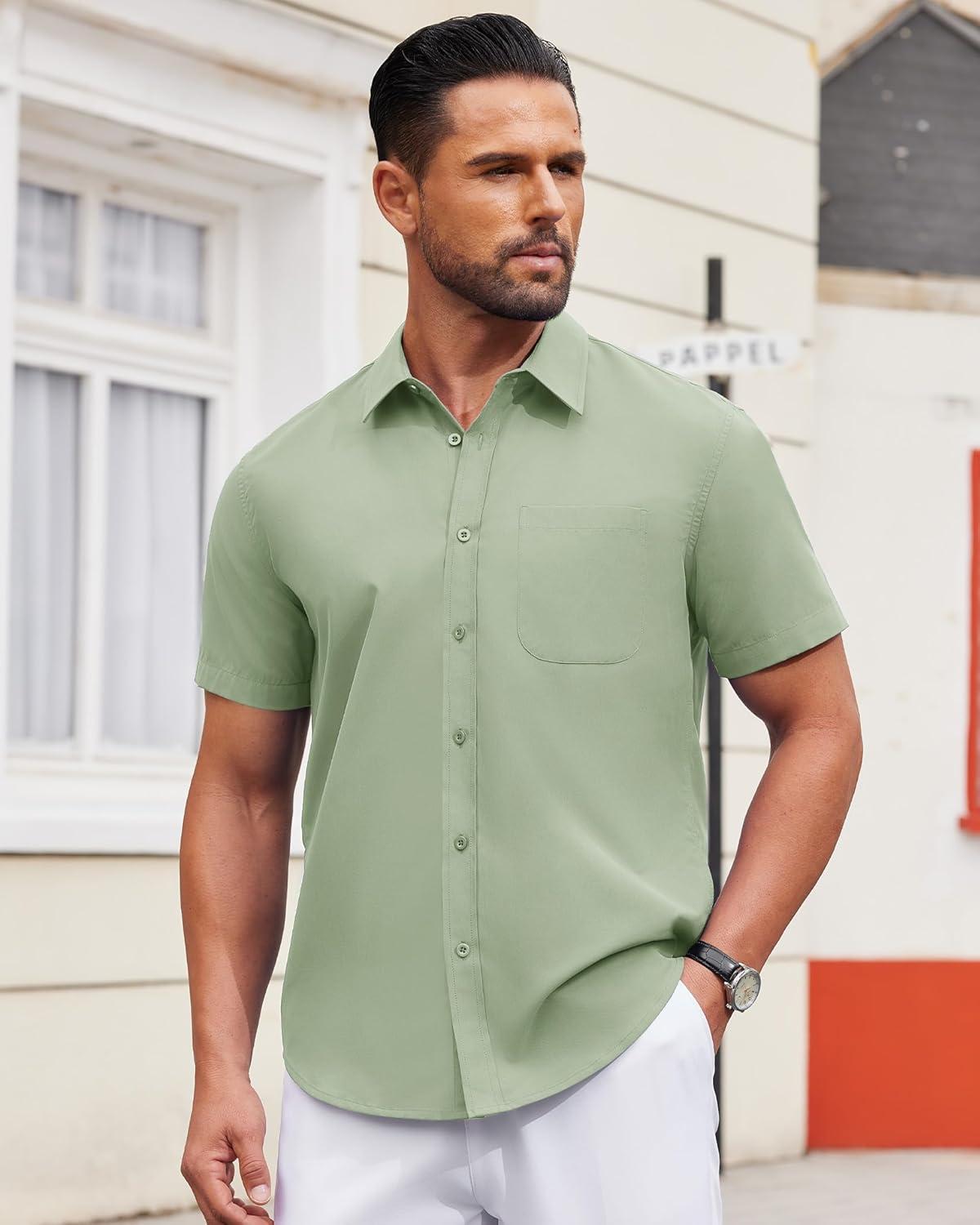 imageAlimens amp Gentle Mens Short Sleeve Dress Shirts Wrinkle Free Untucked Casual Button Down ShirtSage Green