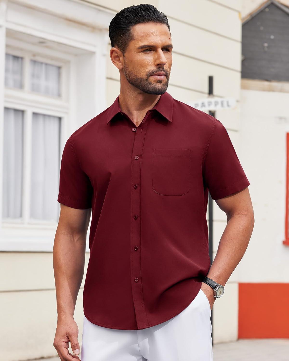 imageAlimens amp Gentle Mens Short Sleeve Dress Shirts Wrinkle Free Untucked Casual Button Down ShirtWine Red