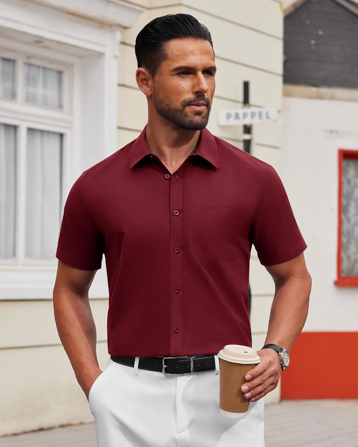 imageAlimens amp Gentle Mens Short Sleeve Dress Shirts Wrinkle Free Untucked Casual Button Down ShirtWine Red