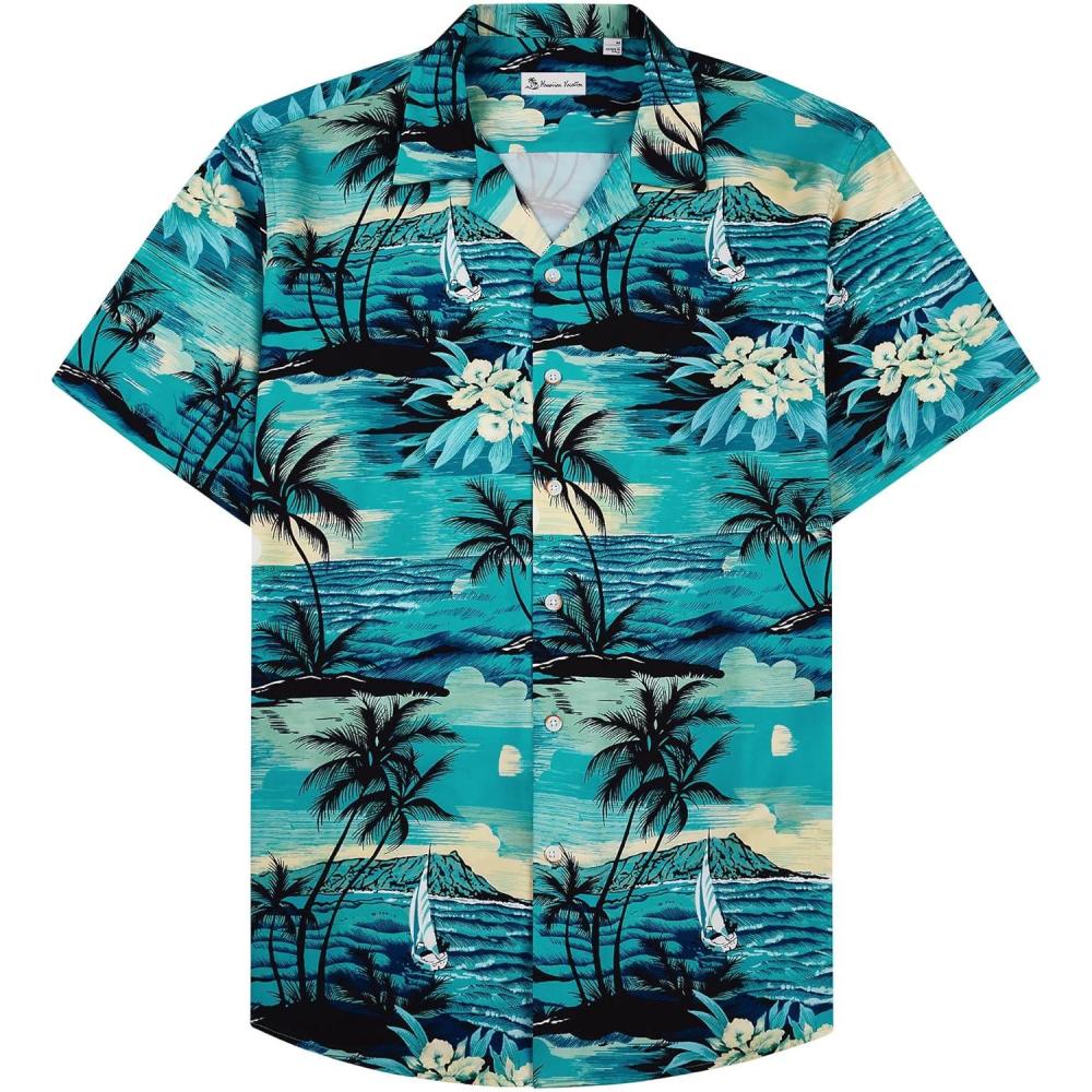 imageAlimens amp Gentle Hawaiian Shirt for Men Summer Beach Casual Short Sleeve Button Down Shirts Printed Tropical Vacation ShirtsDark Green Beach