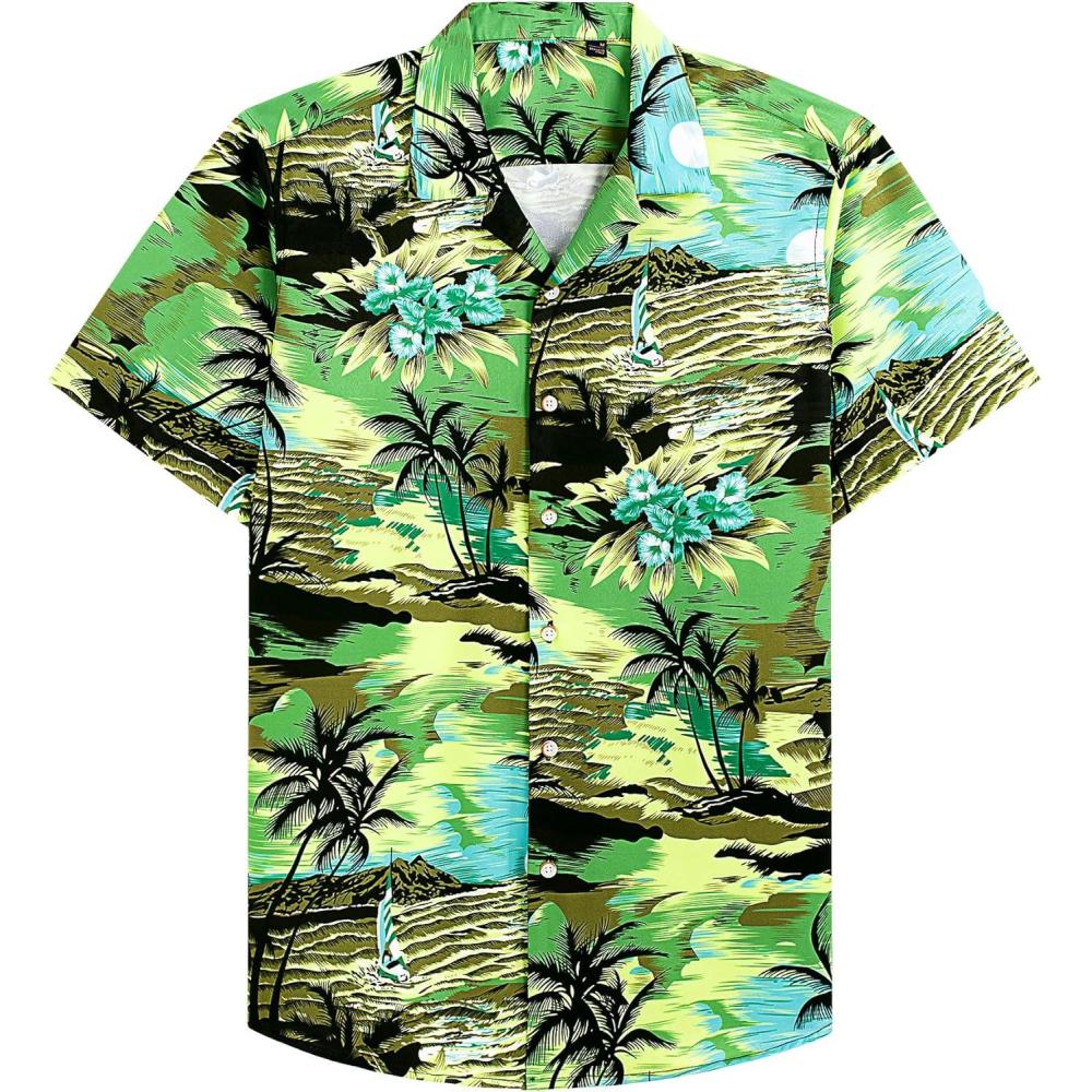 imageAlimens amp Gentle Hawaiian Shirt for Men Summer Beach Casual Short Sleeve Button Down Shirts Printed Tropical Vacation ShirtsGreen Beach