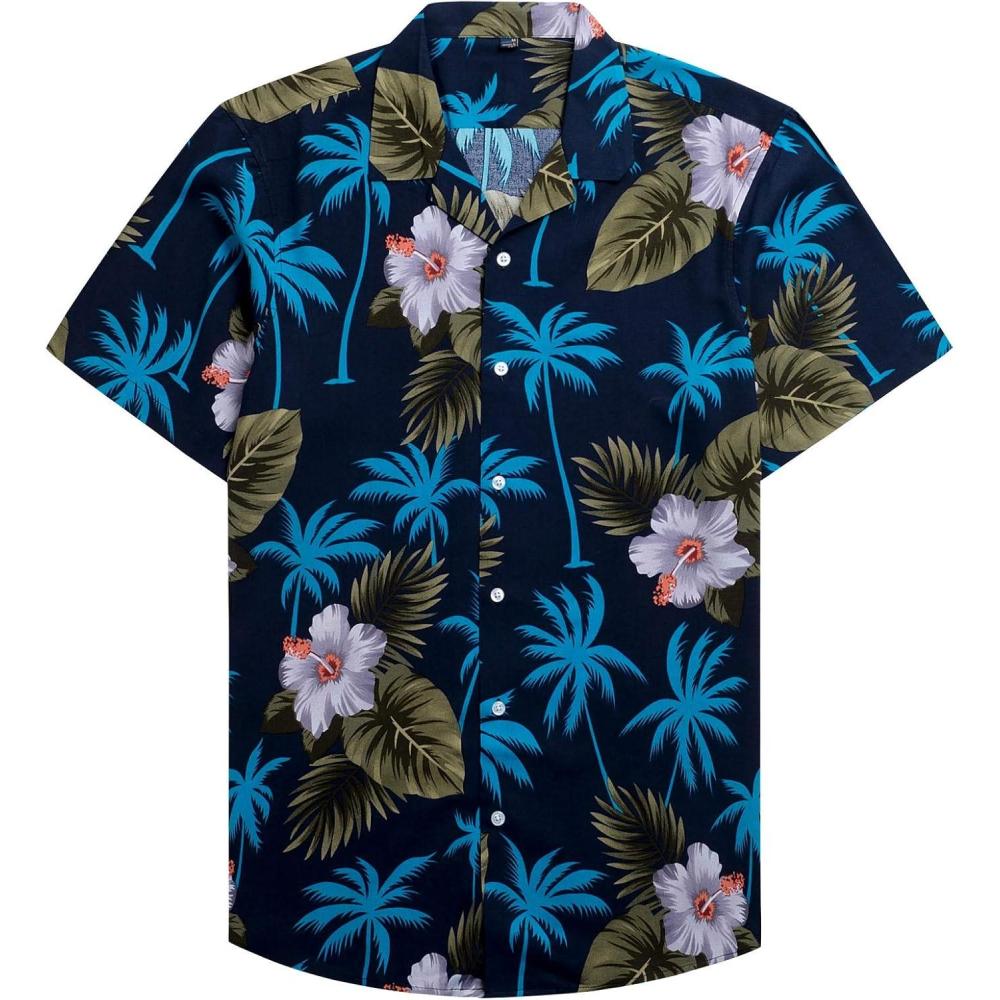 imageAlimens amp Gentle Hawaiian Shirt for Men Summer Beach Casual Short Sleeve Button Down Shirts Printed Tropical Vacation ShirtsNavy Blue