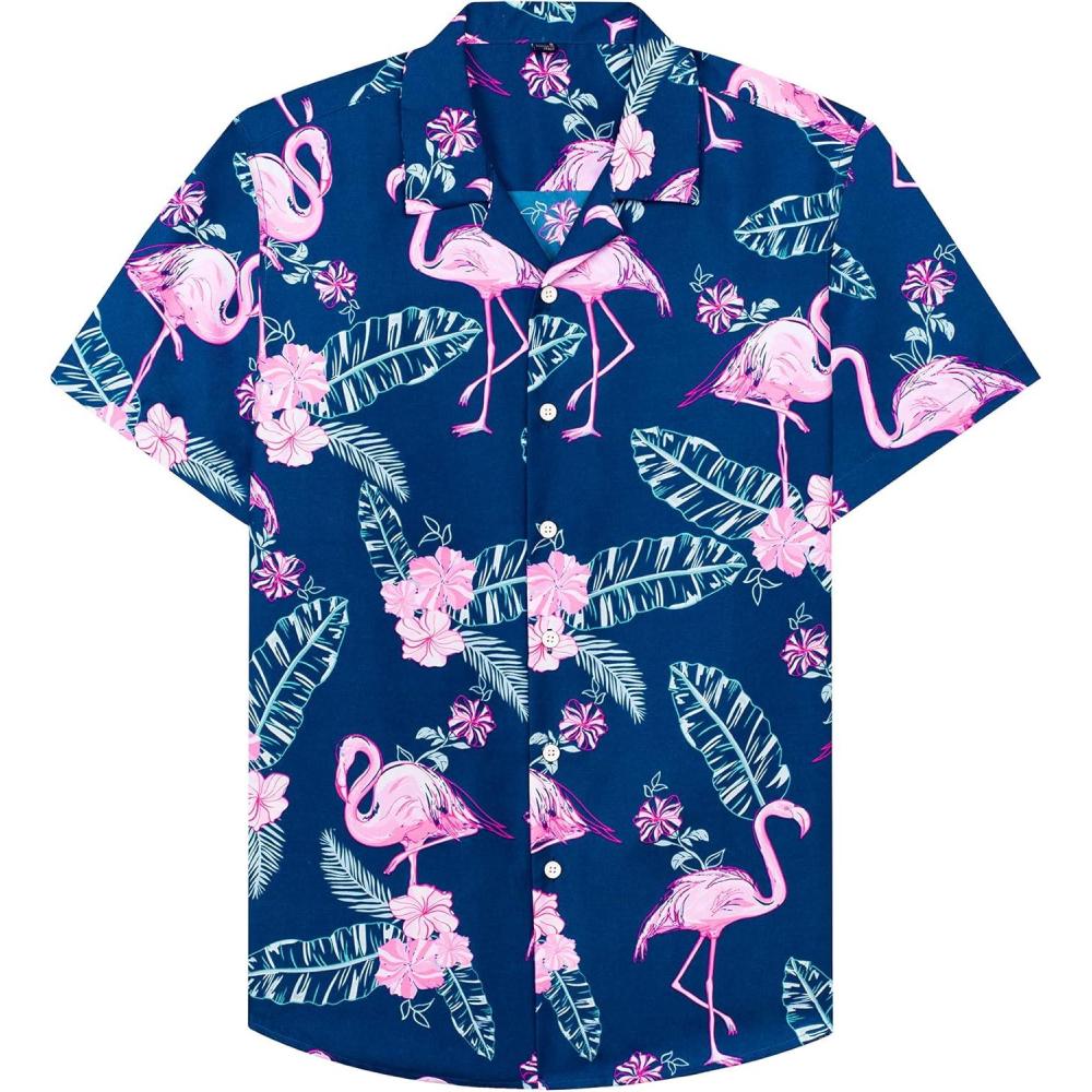 imageAlimens amp Gentle Hawaiian Shirt for Men Summer Beach Casual Short Sleeve Button Down Shirts Printed Tropical Vacation ShirtsNavy Rosy