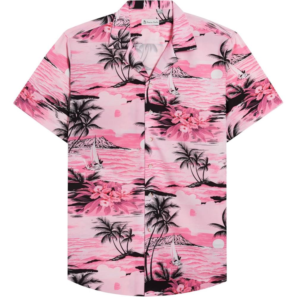 imageAlimens amp Gentle Hawaiian Shirt for Men Summer Beach Casual Short Sleeve Button Down Shirts Printed Tropical Vacation ShirtsPink Beach