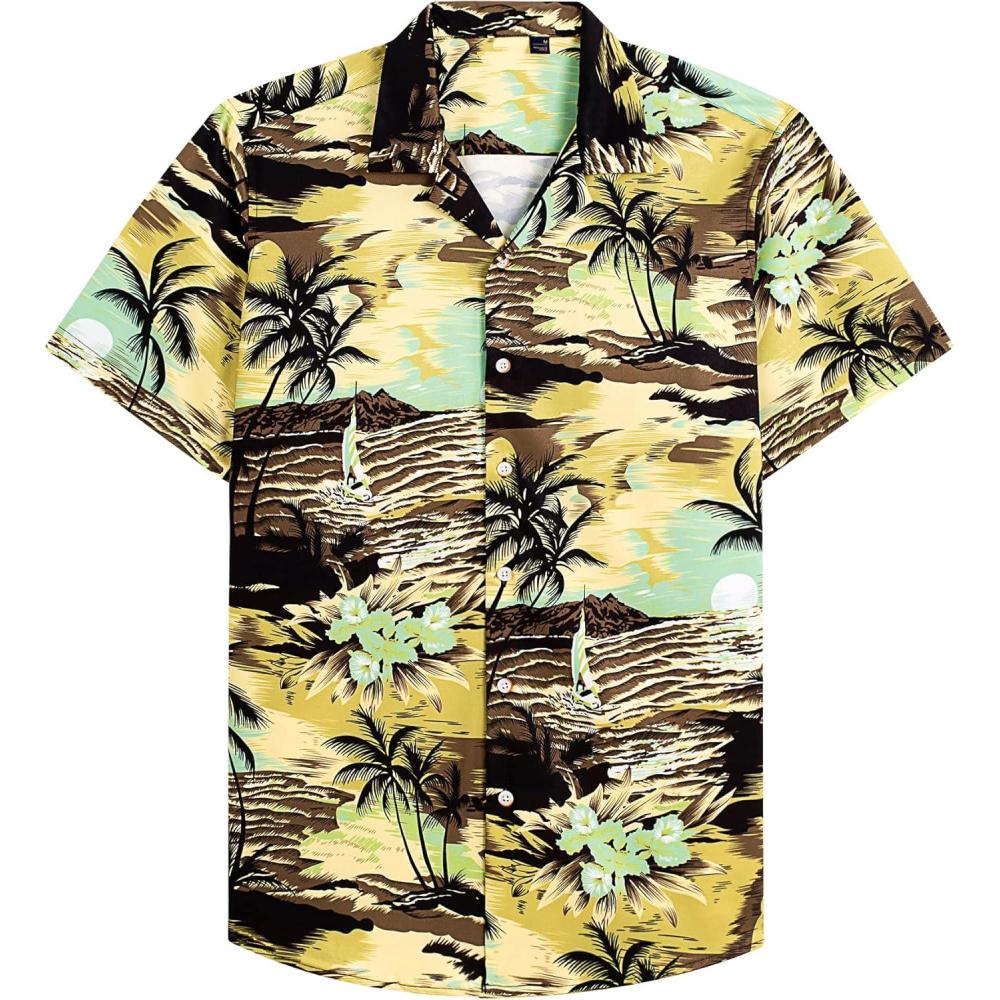 imageAlimens amp Gentle Hawaiian Shirt for Men Summer Beach Casual Short Sleeve Button Down Shirts Printed Tropical Vacation ShirtsYellow Beach