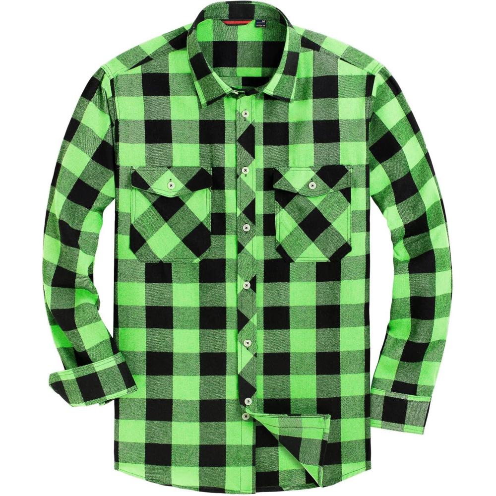 imageAlimens amp Gentle Mens Button Down Regular Fit Long Sleeve Plaid Flannel Casual ShirtsBright Green Black Plaid