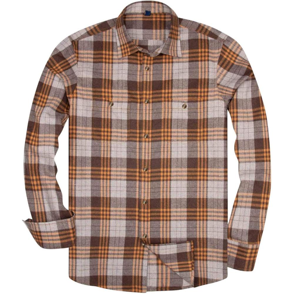 imageAlimens amp Gentle Mens Button Down Regular Fit Long Sleeve Plaid Flannel Casual ShirtsLight Brown Yelaid