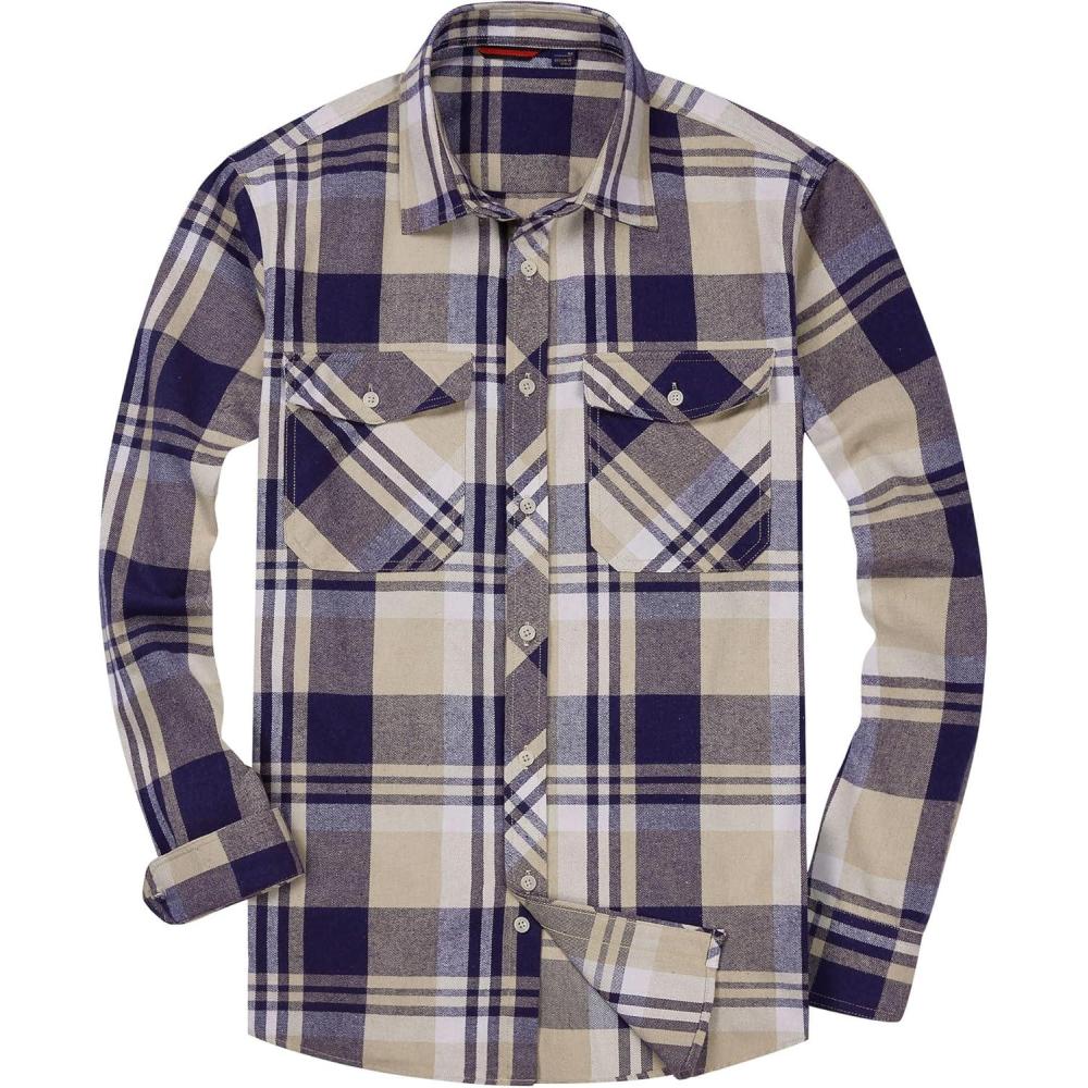 imageAlimens amp Gentle Mens Button Down Regular Fit Long Sleeve Plaid Flannel Casual ShirtsNavy Beige