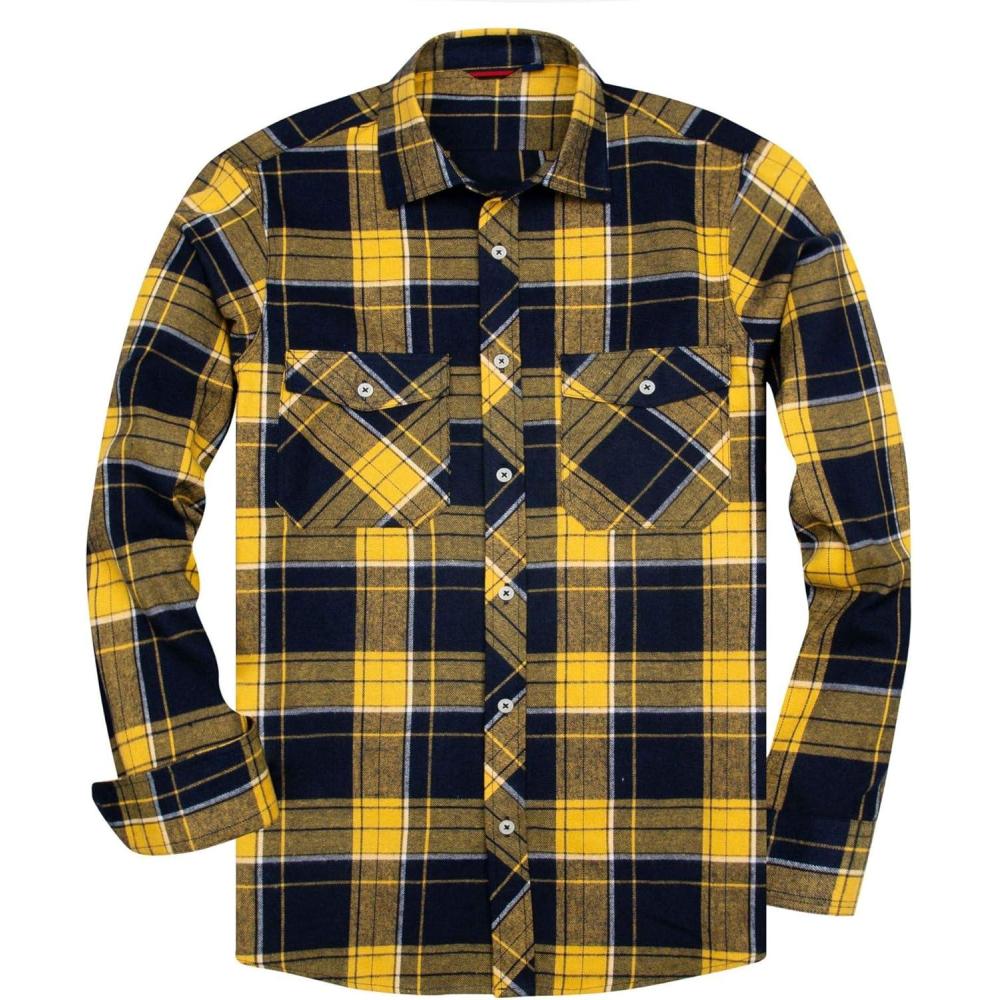 imageAlimens amp Gentle Mens Button Down Regular Fit Long Sleeve Plaid Flannel Casual ShirtsYellow Navy Plaid