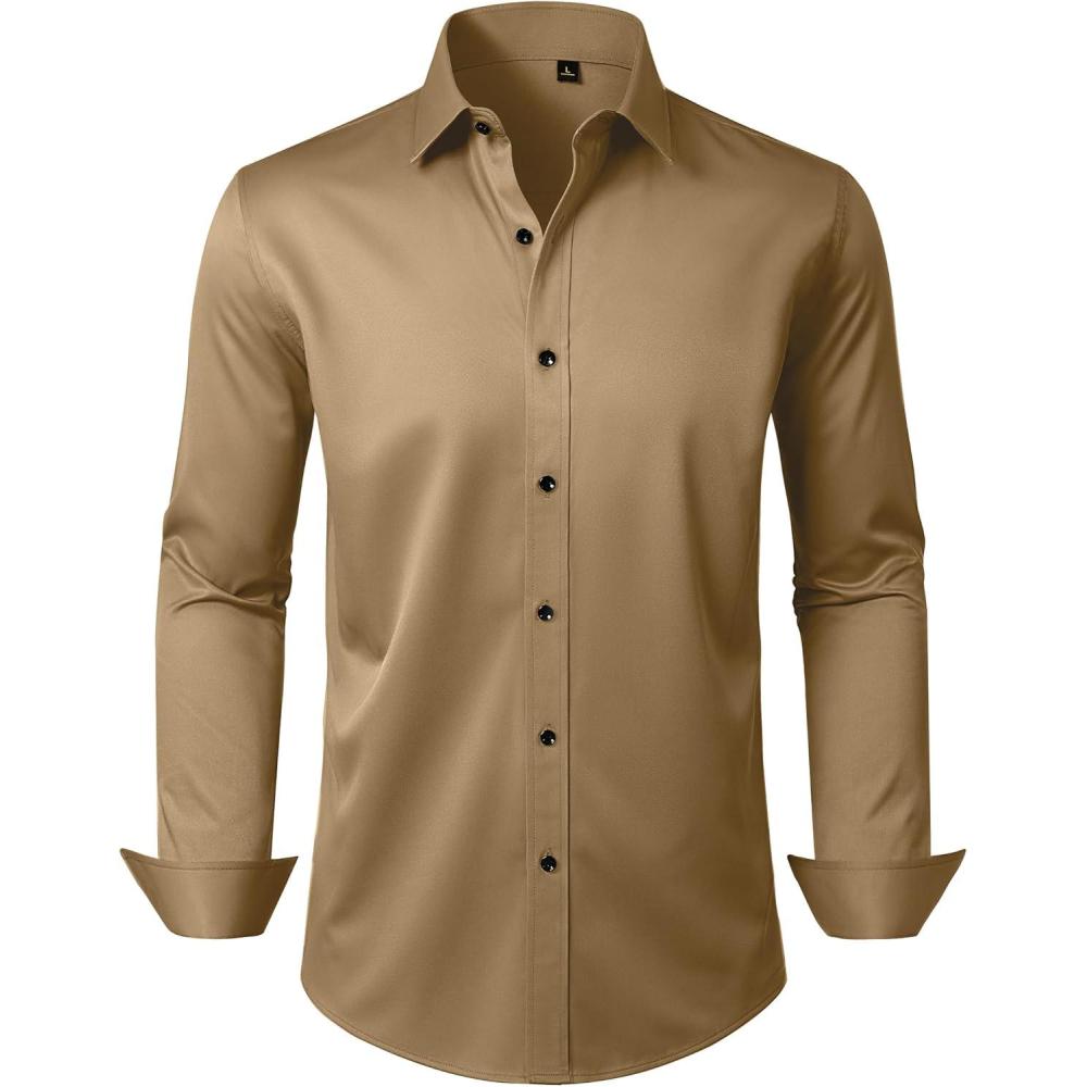 imageAlimens amp Gentle Mens Dress Shirts Long Sleeve Wrinkle Free Stretch Business Casual Wedding Button Down ShirtKhaki