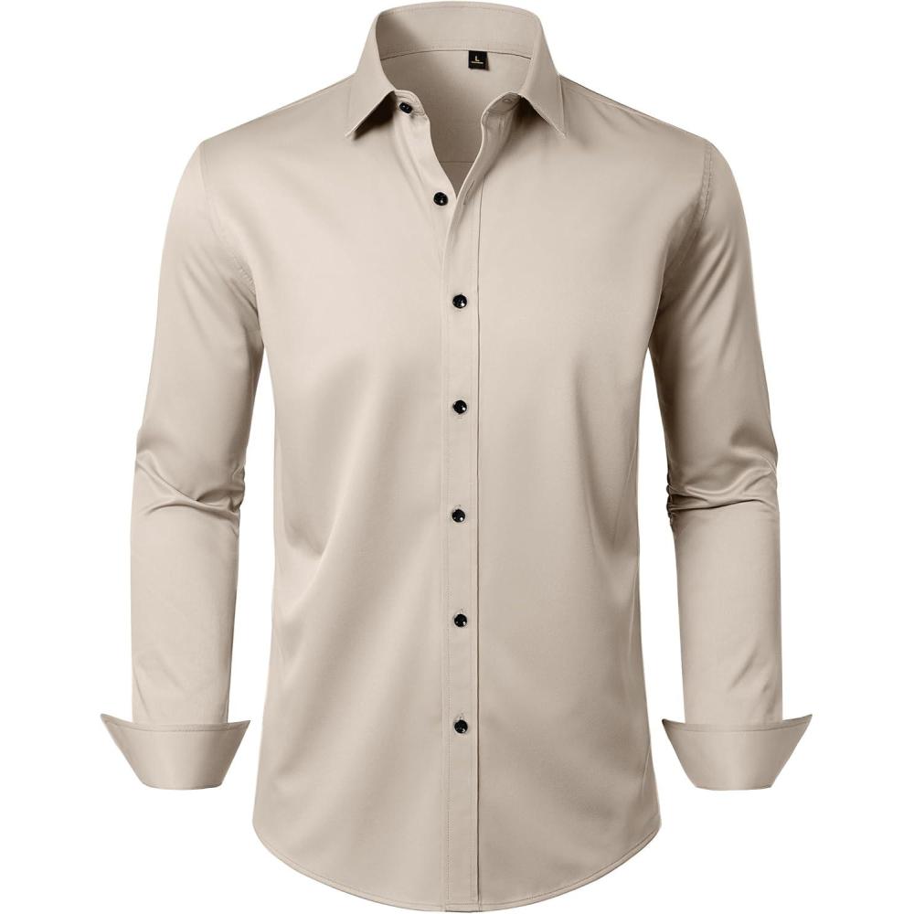 imageAlimens amp Gentle Mens Dress Shirts Long Sleeve Wrinkle Free Stretch Business Casual Wedding Button Down ShirtTan