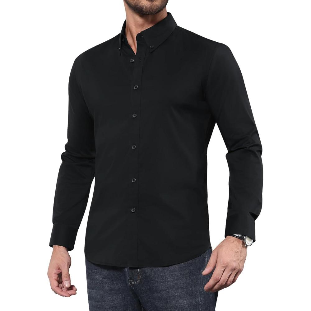 imageAlimens amp Gentle Mens Dress Shirts Long Sleeve WrinkleResistant Solid Stretch Button Down ShirtBlack
