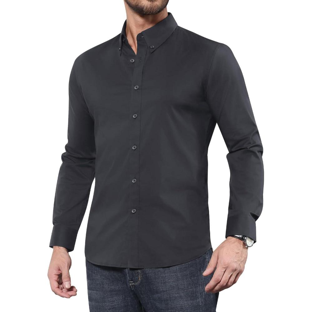 imageAlimens amp Gentle Mens Dress Shirts Long Sleeve WrinkleResistant Solid Stretch Button Down ShirtDark Gery