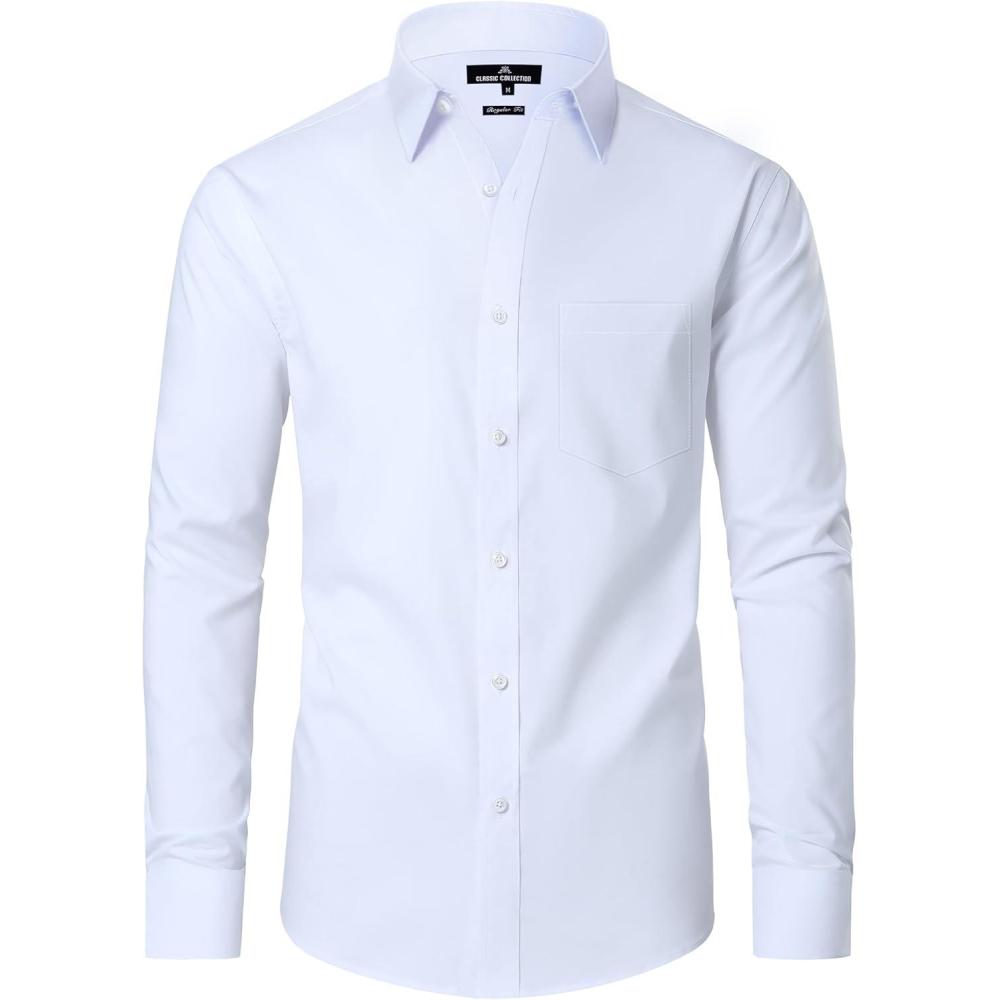 imageAlimens amp Gentle Mens Dress Shirts Regular Fit Long Sleeve Button Down Shirts Wrinkle Free Cotton ShirtsWhite
