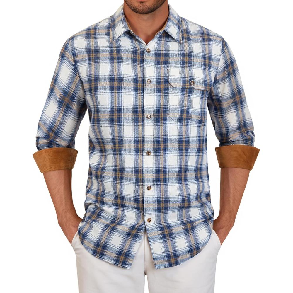 imageAlimens amp Gentle Mens Flannel Long Sleeve Shirt Classic Plaid Button Down Shirts Soft Warm Winter Tops with Pocket Work CampBlue White Plaid