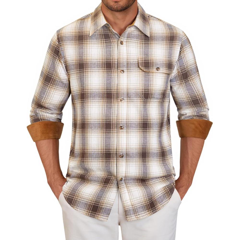 imageAlimens amp Gentle Mens Flannel Long Sleeve Shirt Classic Plaid Button Down Shirts Soft Warm Winter Tops with Pocket Work CampKhaki White Plaid