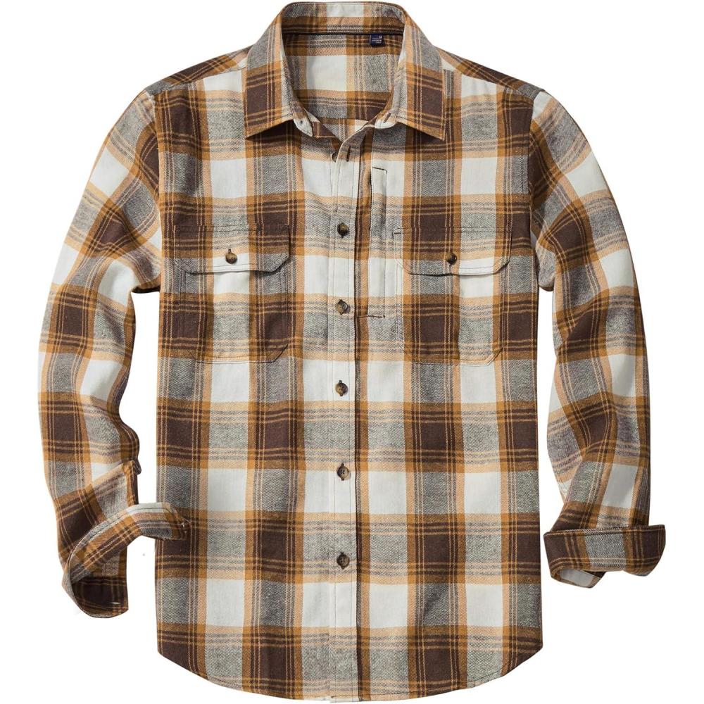 imageAlimens amp Gentle Mens Flannel Shirt Long Sleeve Plaid Button Down Shirts Jacket Casual Work Outdoor Camp with PocketsBrown White Plaid