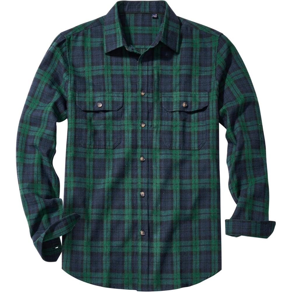 imageAlimens amp Gentle Mens Flannel Shirt Long Sleeve Plaid Button Down Shirts Jacket Casual Work Outdoor Camp with PocketsGreen Black Plaid