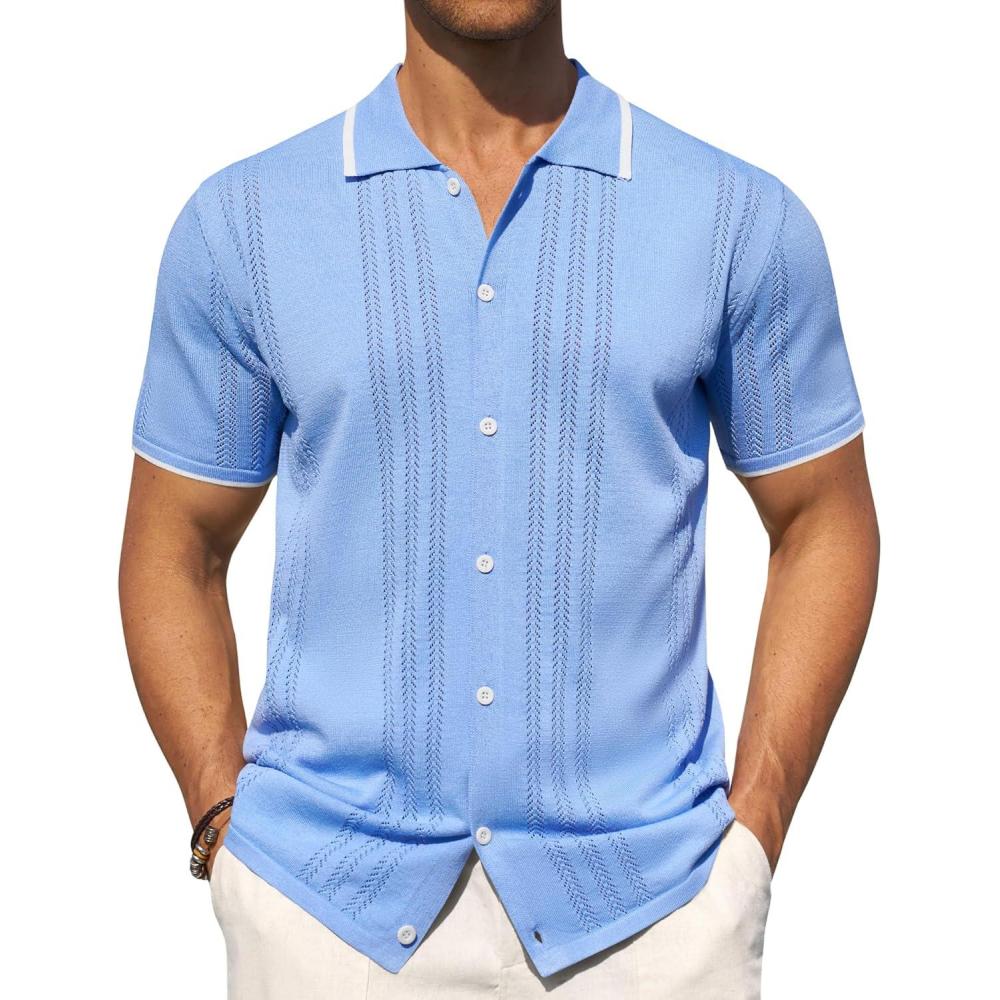 imageAlimens amp Gentle Mens Knit Shirt Short Sleeve Button Down Shirt Textured Casual Summer Beach Polo ShirtsBlue