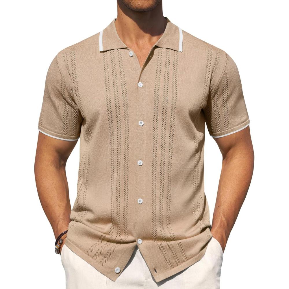 imageAlimens amp Gentle Mens Knit Shirt Short Sleeve Button Down Shirt Textured Casual Summer Beach Polo ShirtsKhaki