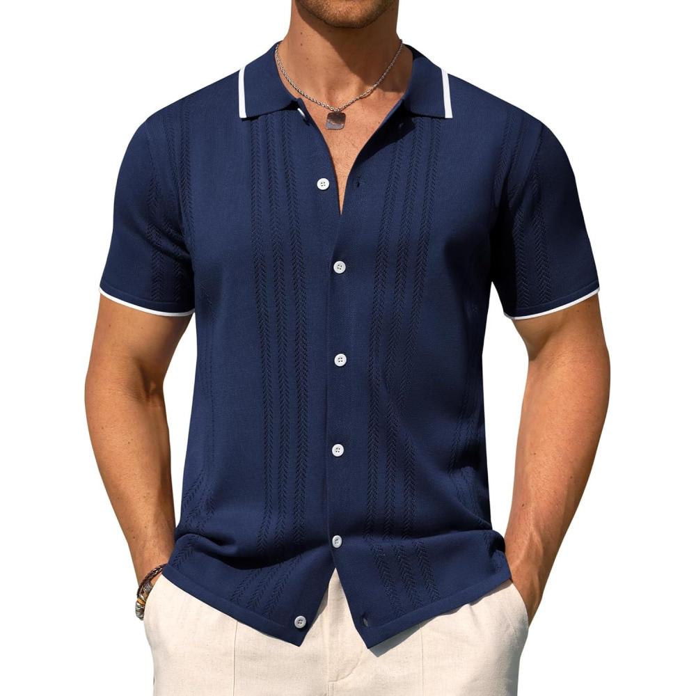 imageAlimens amp Gentle Mens Knit Shirt Short Sleeve Button Down Shirt Textured Casual Summer Beach Polo ShirtsNavy Blue