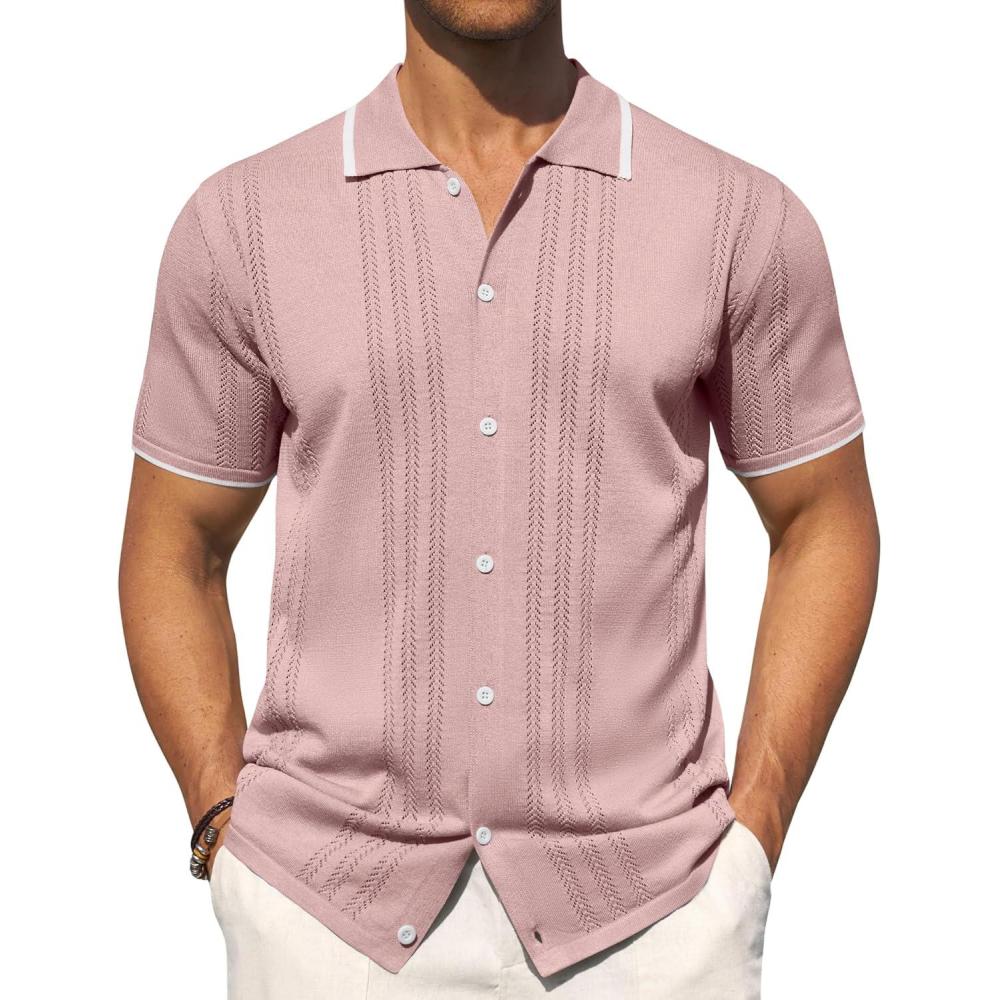 imageAlimens amp Gentle Mens Knit Shirt Short Sleeve Button Down Shirt Textured Casual Summer Beach Polo ShirtsPink