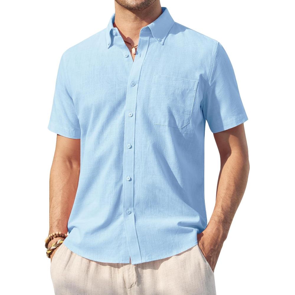 imageAlimens amp Gentle Mens Linen Shirt Short Sleeve Casual Cotton Button Down Shirts Collared Summer ShirtsBlue