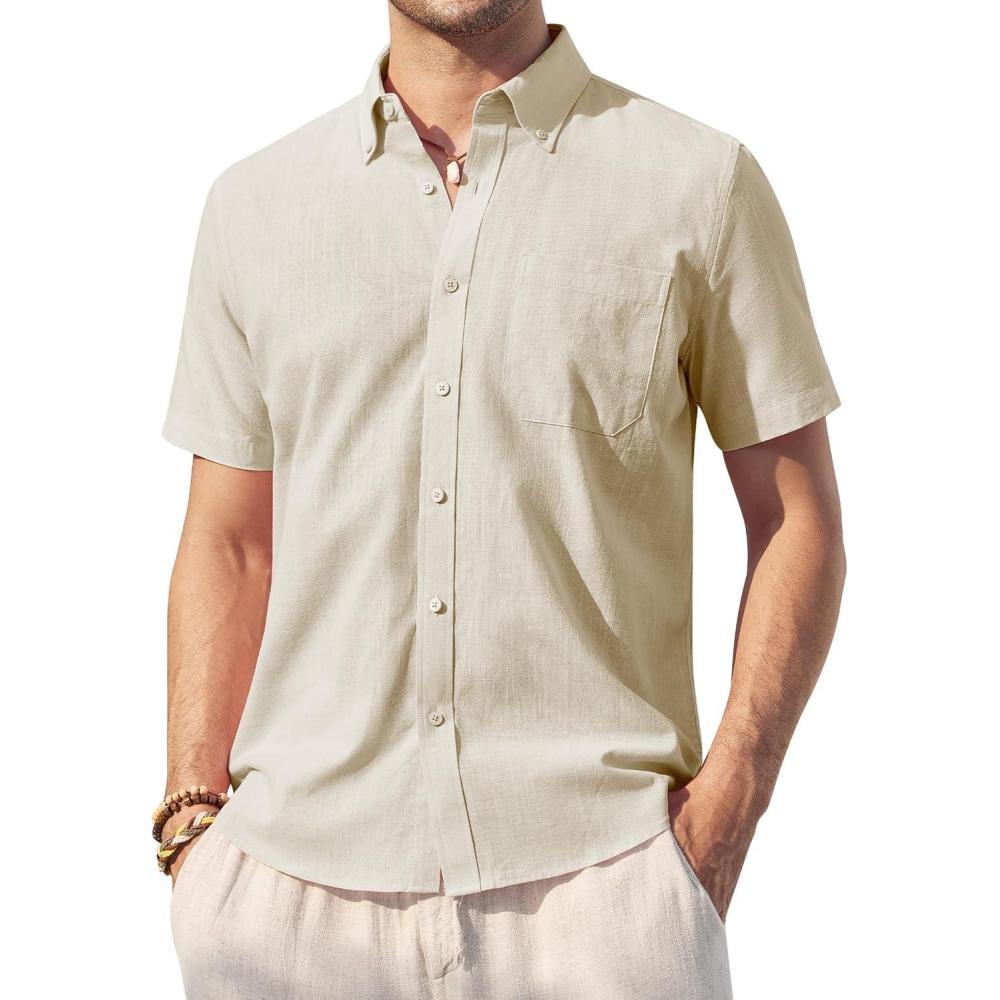 imageAlimens amp Gentle Mens Linen Shirt Short Sleeve Casual Cotton Button Down Shirts Collared Summer ShirtsKhaki