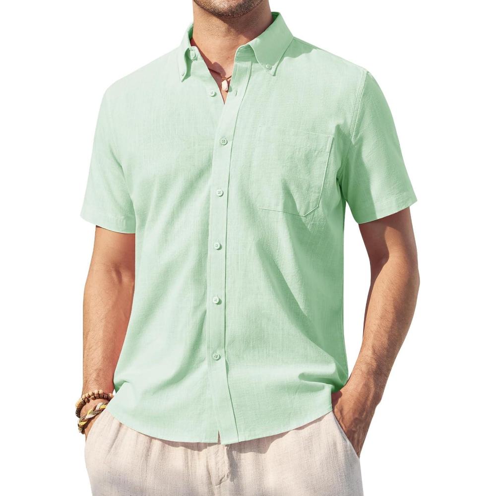 imageAlimens amp Gentle Mens Linen Shirt Short Sleeve Casual Cotton Button Down Shirts Collared Summer ShirtsLight Green