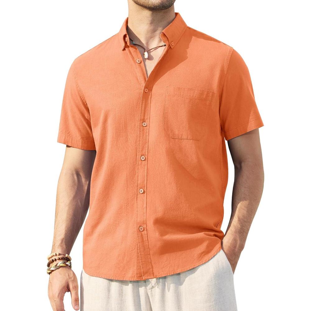 imageAlimens amp Gentle Mens Linen Shirt Short Sleeve Casual Cotton Button Down Shirts Collared Summer ShirtsLight Orange