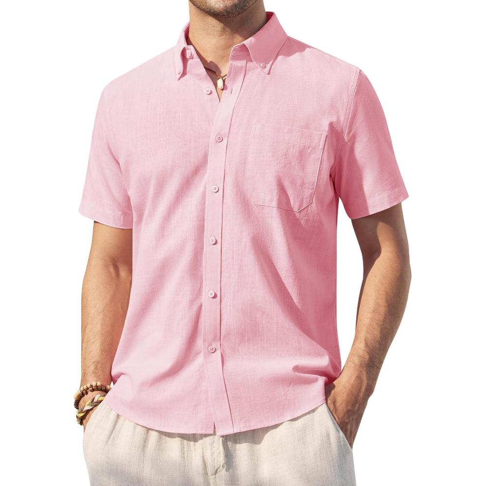 imageAlimens amp Gentle Mens Linen Shirt Short Sleeve Casual Cotton Button Down Shirts Collared Summer ShirtsPink