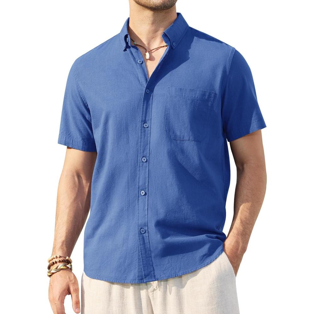 imageAlimens amp Gentle Mens Linen Shirt Short Sleeve Casual Cotton Button Down Shirts Collared Summer ShirtsRoyal Blue