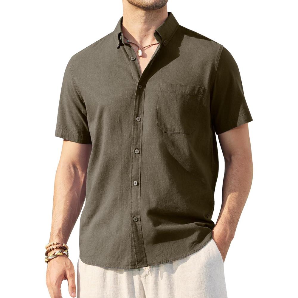 imageAlimens amp Gentle Mens Linen Shirt Short Sleeve Casual Cotton Button Down Shirts Collared Summer ShirtsTan
