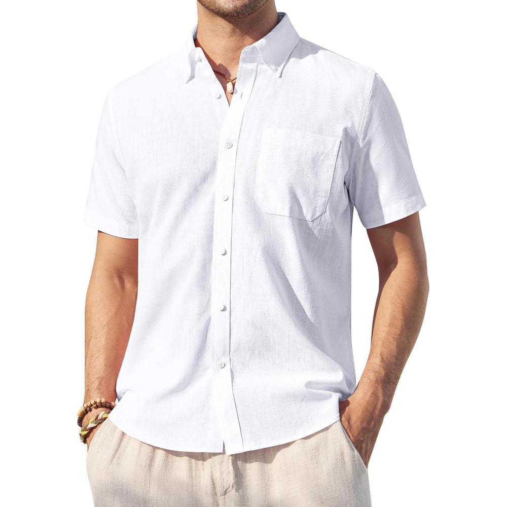 imageAlimens amp Gentle Mens Linen Shirt Short Sleeve Casual Cotton Button Down Shirts Collared Summer ShirtsWhite