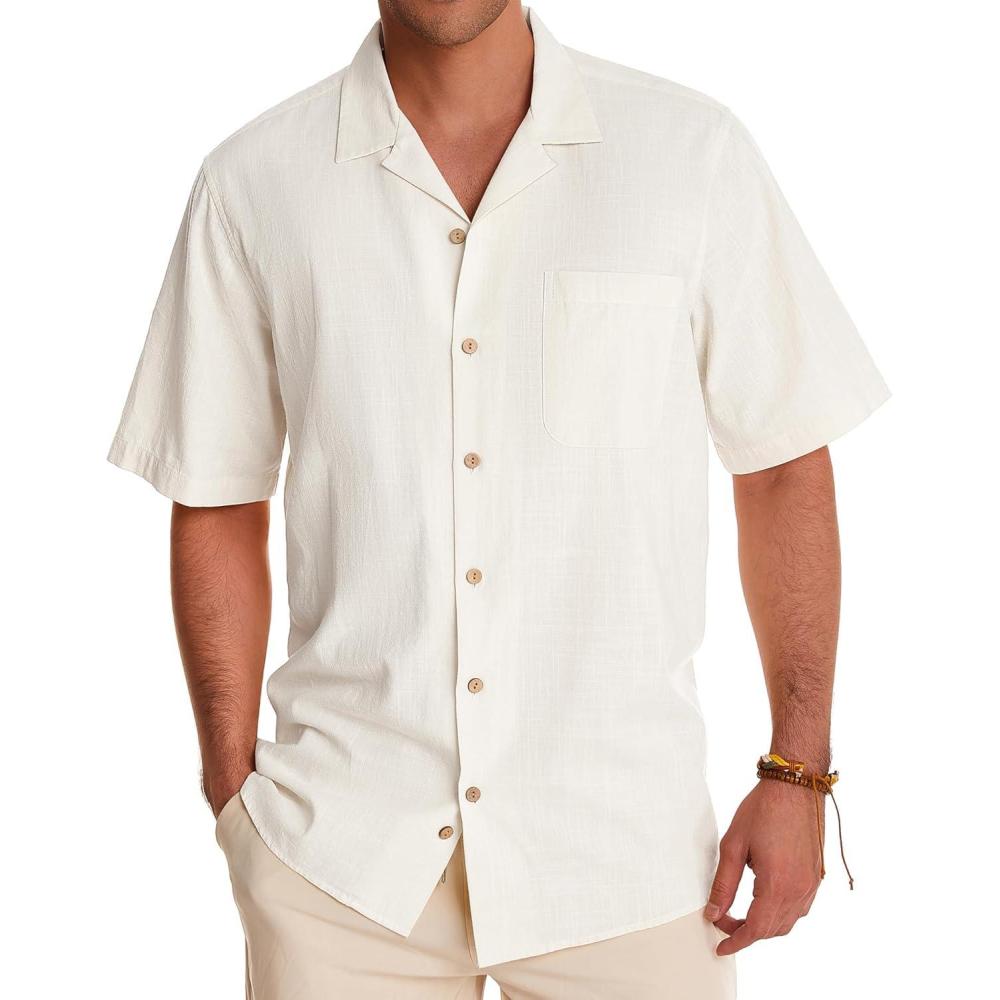 imageAlimens amp Gentle Mens Linen Shirts Cotton Hawaiian Shirts Short Sleeve Button Down Shirts Casual Summer Beach TopsAcreamy White