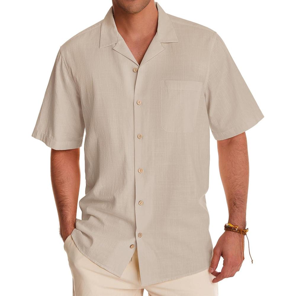 imageAlimens amp Gentle Mens Linen Shirts Cotton Hawaiian Shirts Short Sleeve Button Down Shirts Casual Summer Beach TopsBeige