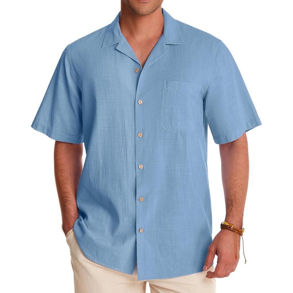 imageAlimens amp Gentle Mens Linen Shirts Cotton Hawaiian Shirts Short Sleeve Button Down Shirts Casual Summer Beach TopsBlue Heaven