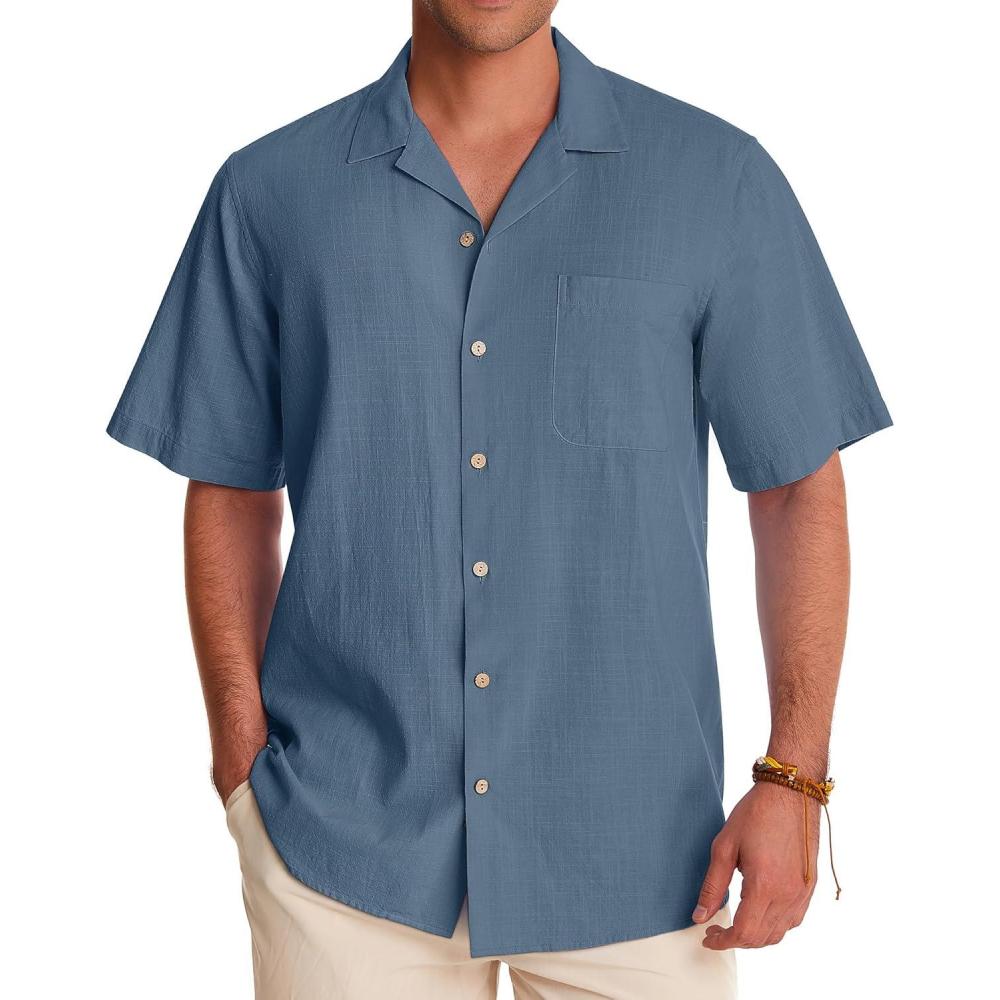 imageAlimens amp Gentle Mens Linen Shirts Cotton Hawaiian Shirts Short Sleeve Button Down Shirts Casual Summer Beach TopsBlue Wing Teal