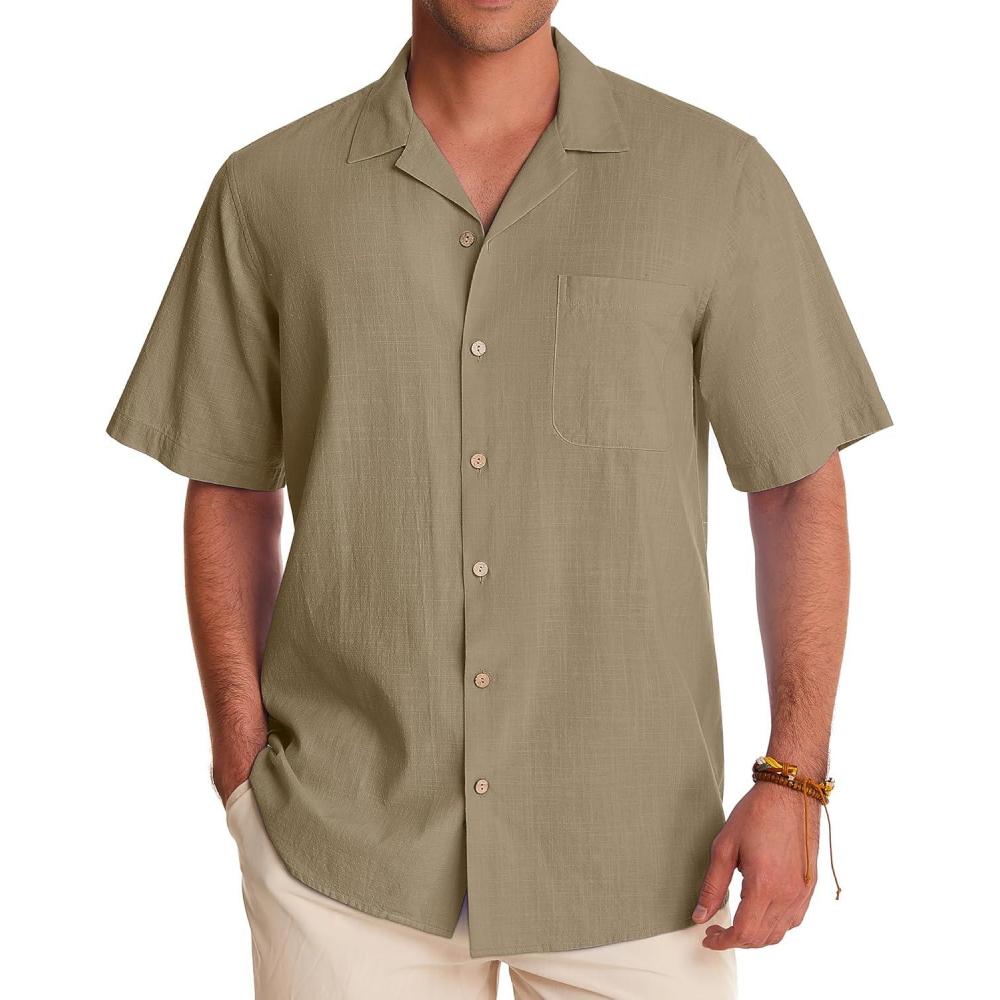 imageAlimens amp Gentle Mens Linen Shirts Cotton Hawaiian Shirts Short Sleeve Button Down Shirts Casual Summer Beach TopsBrown